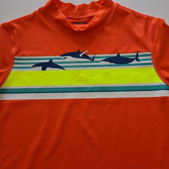 Lands’ End Short Sleeve Tee Rash Guard Swim Orange Sharks Size Large - Picture 2 of 7